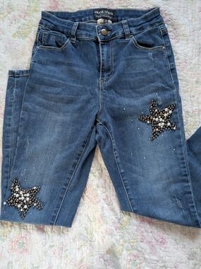 Frank Lyman Design Dark Blue Skinny Jeans with Pearl & Stud Star Accents